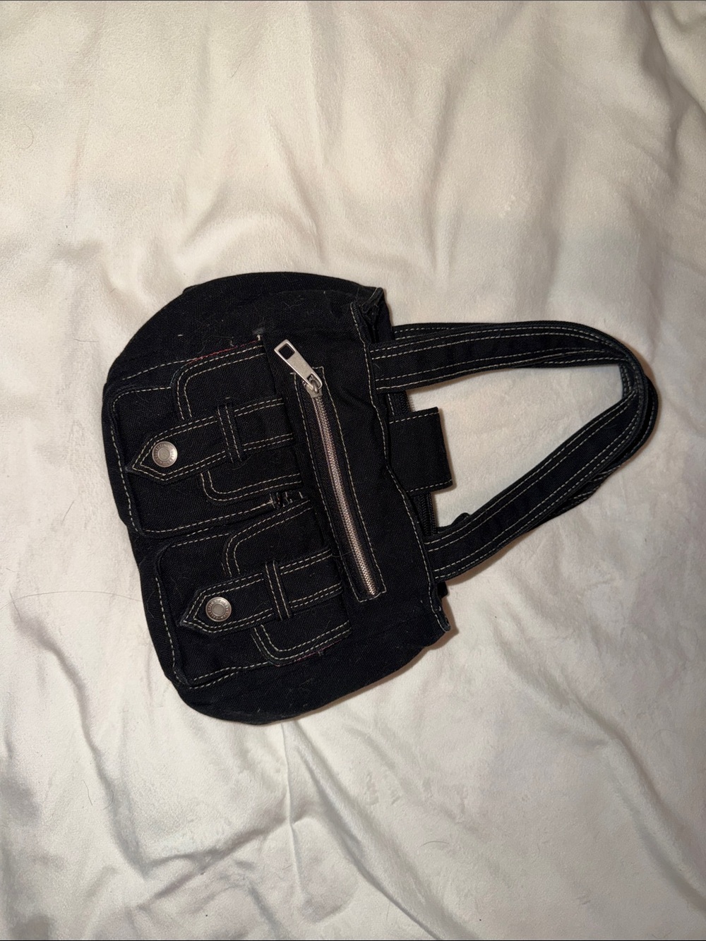Black Canvas Shoulder Bag with White Stitching